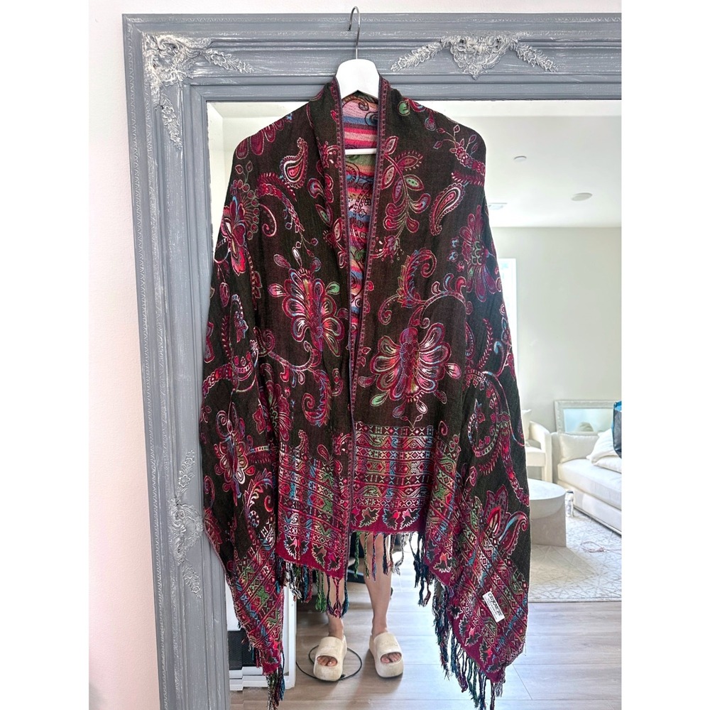 Y2K 100% Cashmere Paisley Floral Pashmina Shawl Wrap Scarf Brown Magenta Fringe